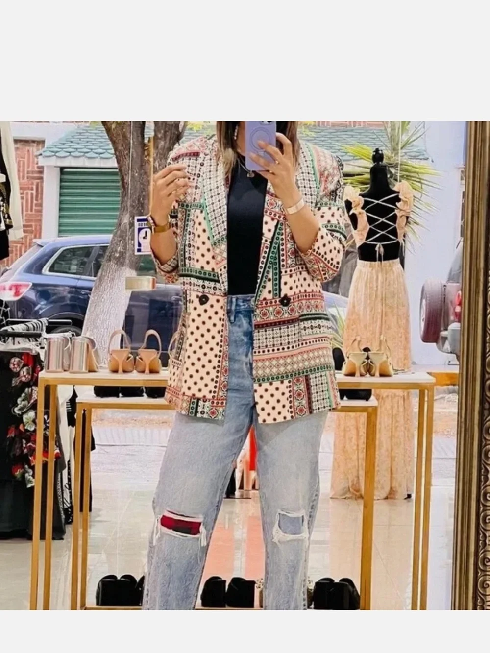 ZARA Retro Patchwork Printed Multicolor Satin-Effect Blazer and matching pants - Picture 8 of 10